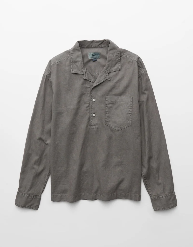 American Eagle  AE Relaxed Fit Linen-Blend Popover Shirt for Men | Best Price UAE