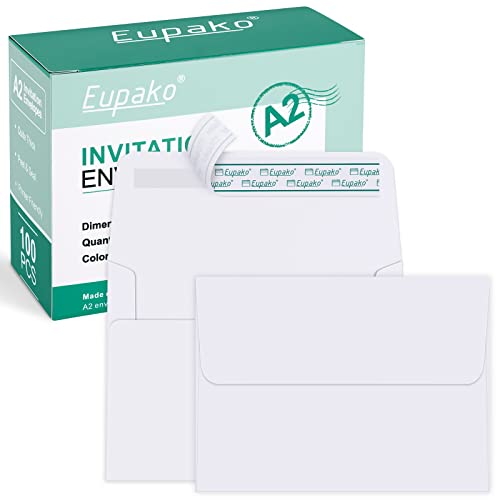 Eupako أظرف ورقية بيضاء من يوباكوا A2 عبوة 100 4.375x5.75" أظرف دعوات ذاتية الإغلاق لـ RSVP، الزفاف، ملاحظات الشكر، بطاقات التهنئة، الصور، الإعلانات - Image 1