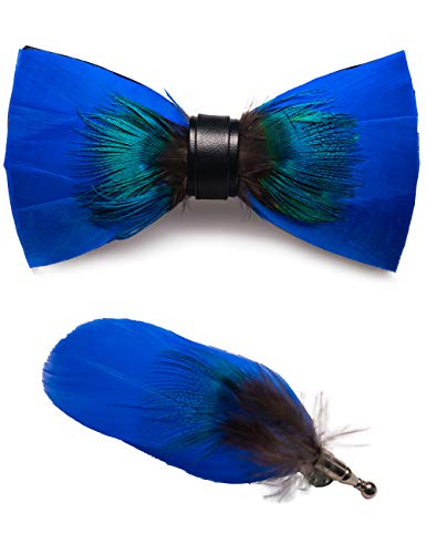 RBOCOTT Mens Handmade Feather Pre-tied Bow tie and Brooch Sets (blue) - Image 1