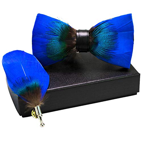 RBOCOTT Mens Handmade Feather Pre-tied Bow tie and Brooch Sets (blue) - Image 2