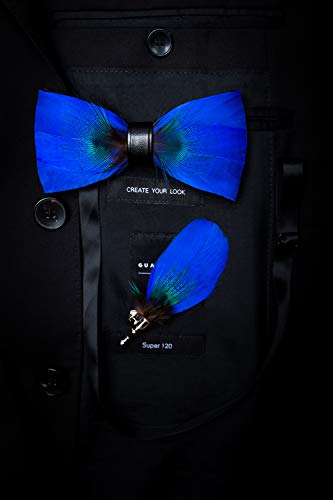 RBOCOTT Mens Handmade Feather Pre-tied Bow tie and Brooch Sets (blue) - Image 4