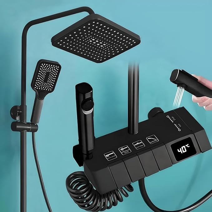 B BACKLINE ألواح الدش لمجموعة الحمام كاملة مع شاشة رقمية 4 وظائف خلاط دش ساخن وبارد، دش يدوي من ABS | دش علوي من ABS | رشاش دش للحمام (أسود مات) - Image 1