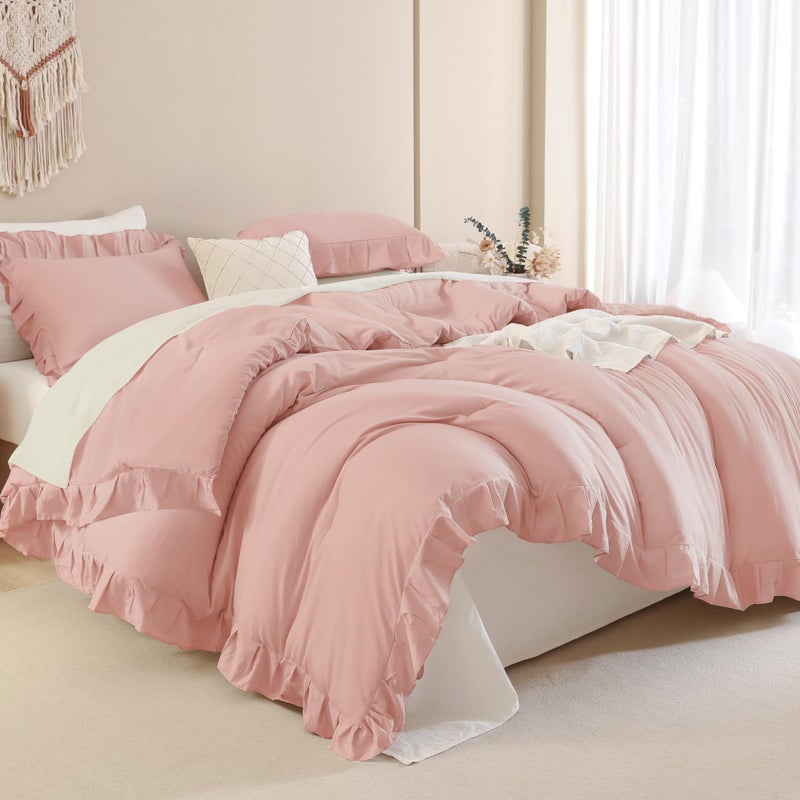 Andency Andency Blush Ruffle Comforter Set 2 Pieces Kids Comforter Set Twin66x90Inch Farmhouse Shabby Chic Comforter Set Soft Microfiber Kids Bedding Set 