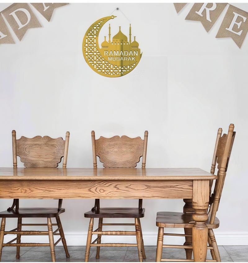 لافتة باب ذهبية من الأكريليك مكتوب عليها "رمضان كريم"، لوحة جدارية إسلامية دائرية مجوفة للمسجد بمناسبة رمضان وعيد الفطر، ديكور منزلي إسلامي أنيق لغرفة المعيشة أو غرفة الحفلات، تصميم داخلي للمنزل - Image 5