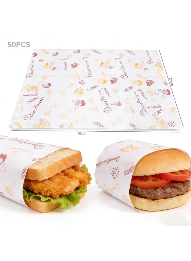 50-Piece Large Sandwich Bread Burger Fries Food Grade Wrapping Silicone Greaseproof Paper, Air Fryer Special Oil Proof Paper, Waterproof and Oil Proof Paper for Baking, Suitable for Home Kitchen/Restaurant/Hotel/Commercial,  Microwave-safe(38 x 28cm)