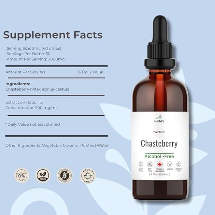 Herbity Chasteberry Tincture – Alcohol-Free Herbal Supplement for Hormonal Balance & Menstrual Support – Vegan, Glycerin-Based Extract – 3.4 fl oz (100 mL) - Image 2