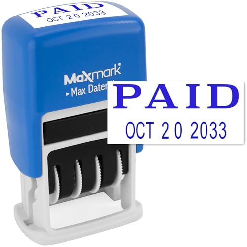 MaxMark Self-Inking Rubber Date Office Stamp with Paid Phrase & Date - Blue Ink (Max Dater II), 12-Year Band - Image 1