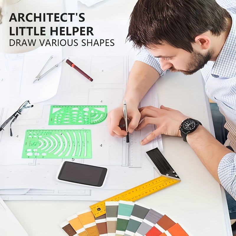 7 قطع مجموعة قوالب رسم خضراء دائرية هندسية شفافة، أدوات معمارية من البلاستيك، أدوات رسم، مسطرة مستقيمة للاستخدام في المكتب والدراسة والتصميم. - Image 4