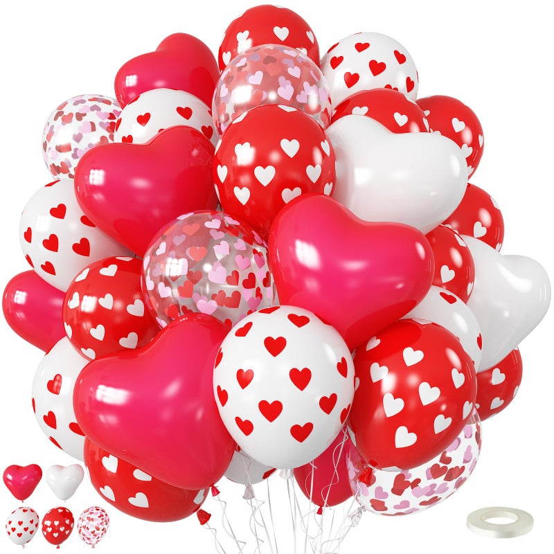 Paeyeq Red and White Heart Balloons, Valentines Day Balloons Heart Shaped Confetti Latex Balloon for Happy Galentines Valentine's Day Love Wedding Engagement Anniversary Proposal Birthday Party Decorations - Image 1