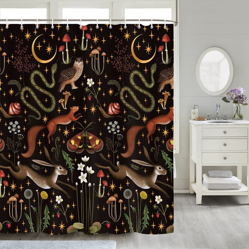 Uokiuki Fairy Rustic Forest Shower Curtain for Bahtroom, Country Woodland Wild Animals Butterfly Mushroom Set Hunting Shower Curtain, Farmhouse Rustic Cabin Lodge Shower Curtain Set with Hooks 70X70IN - Image 3