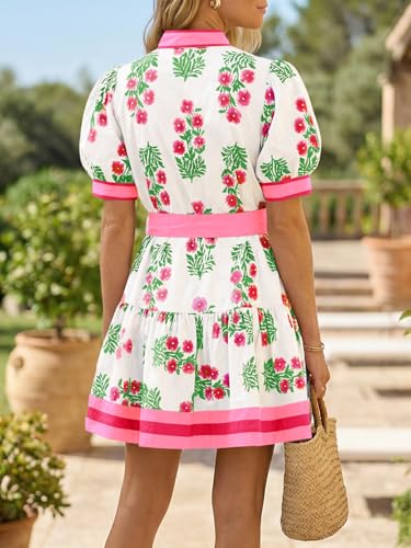 Wenrine Womens Summer Floral Mini Dress Puff Short Sleeve V Neck Button Down Casual Loose Boho Beach Dresses with Belt Pink - Image 3