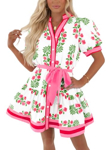 Wenrine Womens Summer Floral Mini Dress Puff Short Sleeve V Neck Button Down Casual Loose Boho Beach Dresses with Belt Pink - Image 1