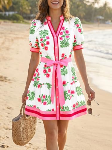 Wenrine Womens Summer Floral Mini Dress Puff Short Sleeve V Neck Button Down Casual Loose Boho Beach Dresses with Belt Pink - Image 5