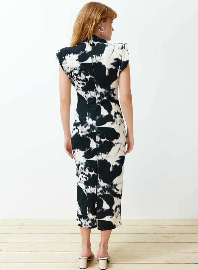 trendyol Multi-Colored Floral Stand Collar Padded Bodycone/Body-Fitting Knitted Maxi Pencil Dress TWOSS24EL00841 - Image 2