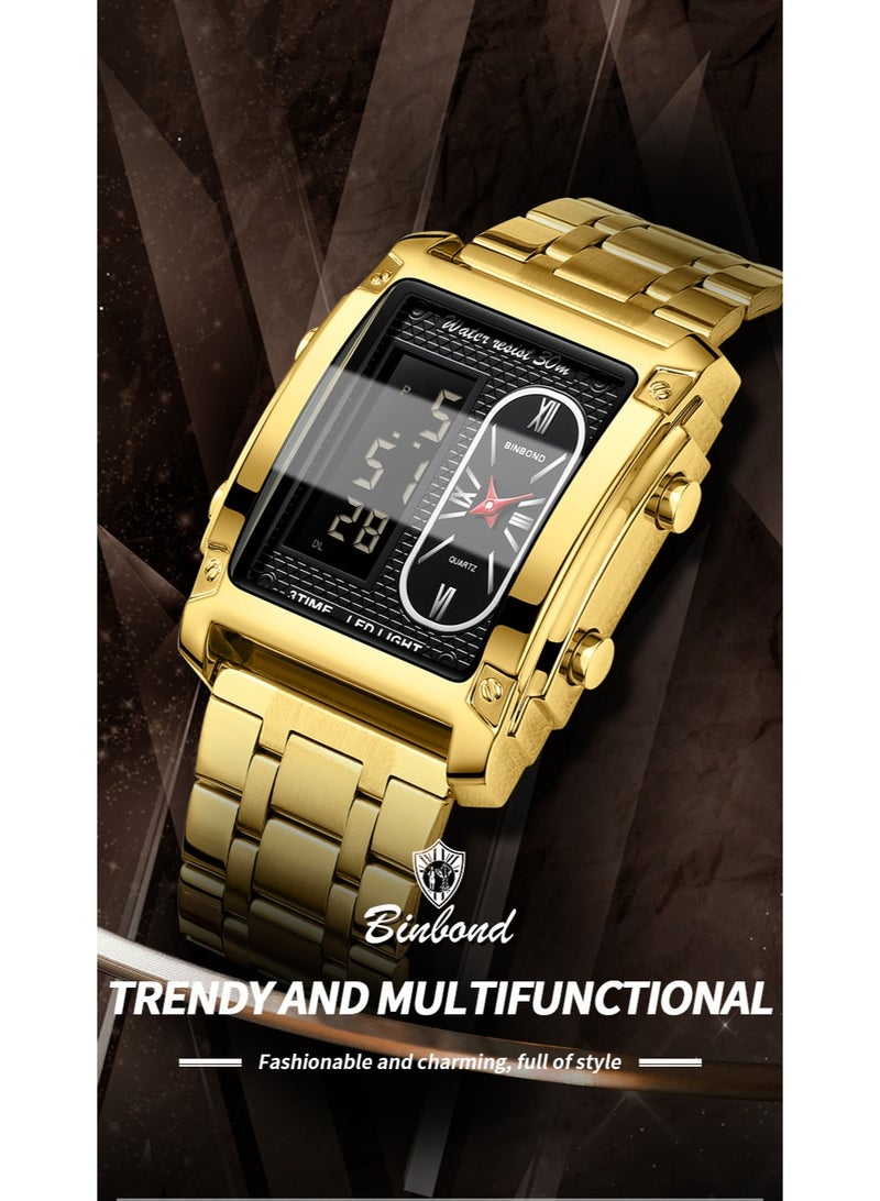 بينبوند ساعة كوارتز مربعة للرجال، متعددة الوظائف، مقاومة للماء، بآلية حركة مزدوجة - Image 2
