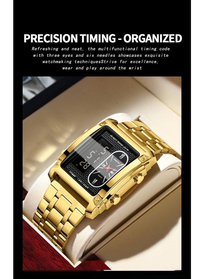 بينبوند ساعة كوارتز مربعة للرجال، متعددة الوظائف، مقاومة للماء، بآلية حركة مزدوجة - Image 5