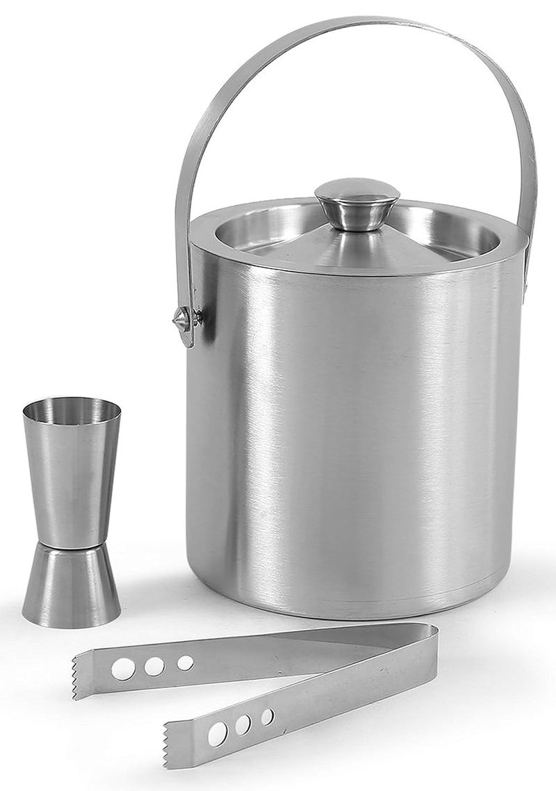 HAINE Stainless Steel Barware Set of Double Wall Ice Bucket Ice Tong and Peg Measuring Jig 1600 ml - Image 1