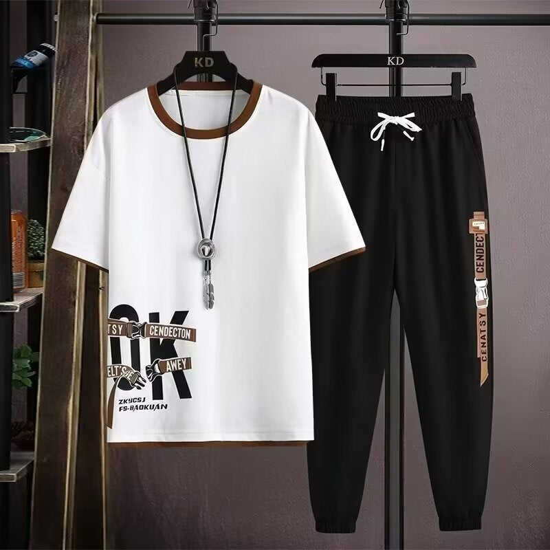 2024 Summer Mens Casual Student Fashion Short Sleeve T-Shirt Sport Trousers Trendy 2-Piece Set Thin Fabric From China White  - Image 1