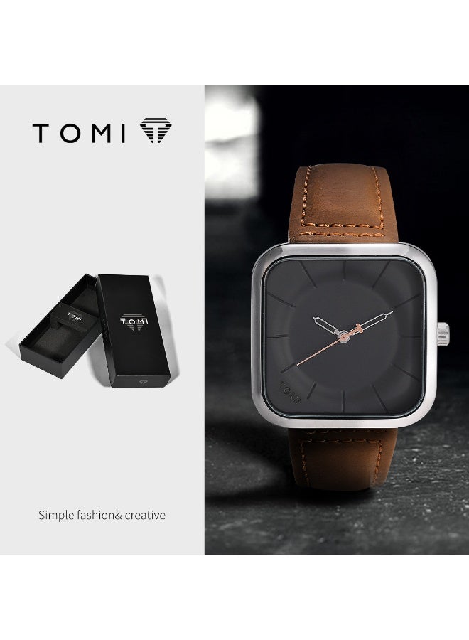 TOMI Men's Minimalist Square Silver Quartz Watch, Black Dial with Rose Gold Accents & Brown Leather Strap - Image 1