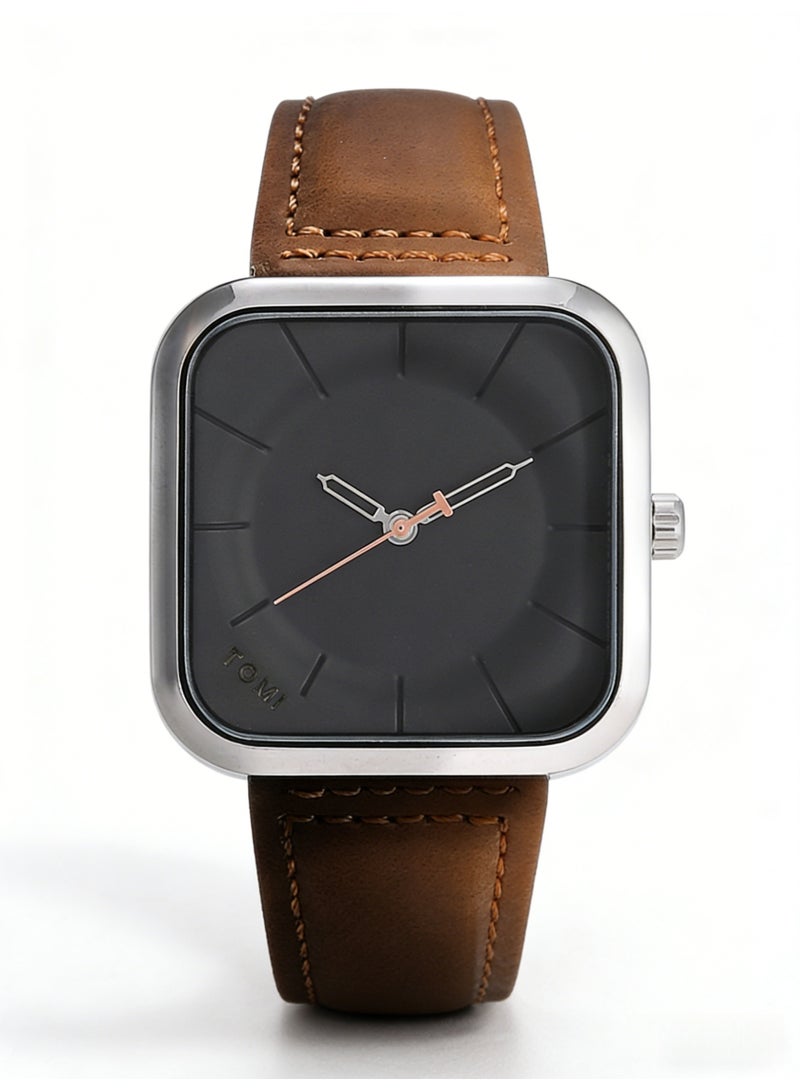 TOMI Men's Minimalist Square Silver Quartz Watch, Black Dial with Rose Gold Accents & Brown Leather Strap - Image 5