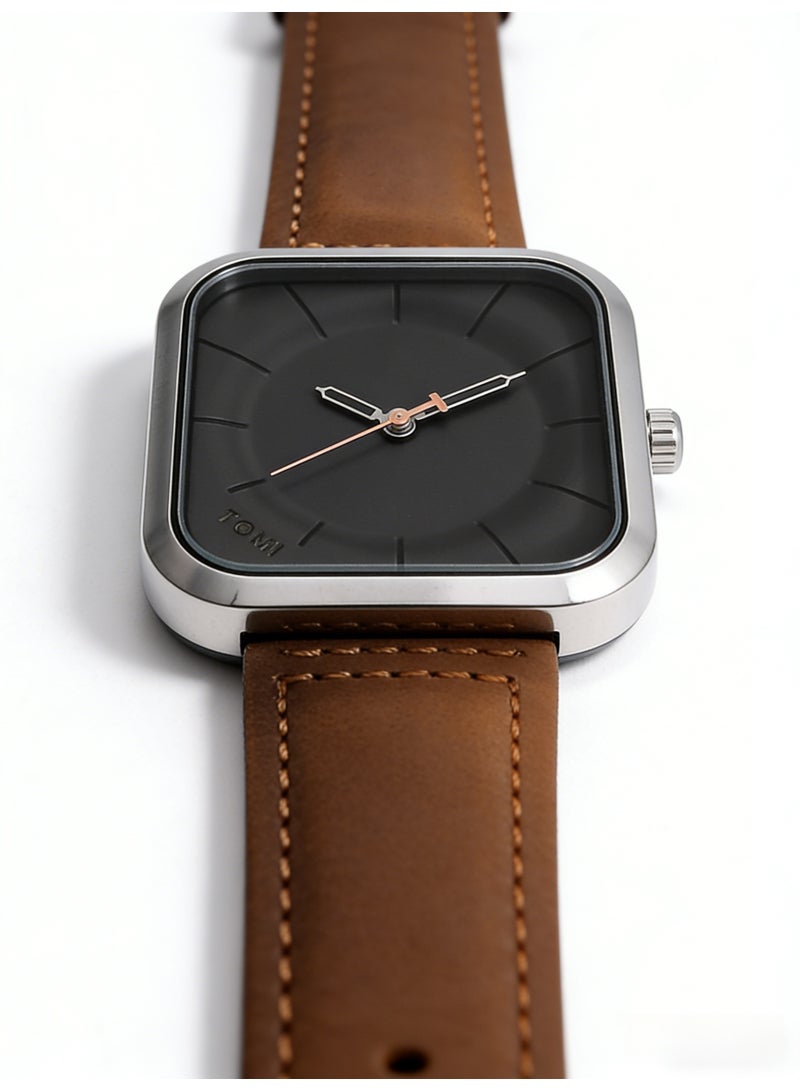 TOMI Men's Minimalist Square Silver Quartz Watch, Black Dial with Rose Gold Accents & Brown Leather Strap - Image 3
