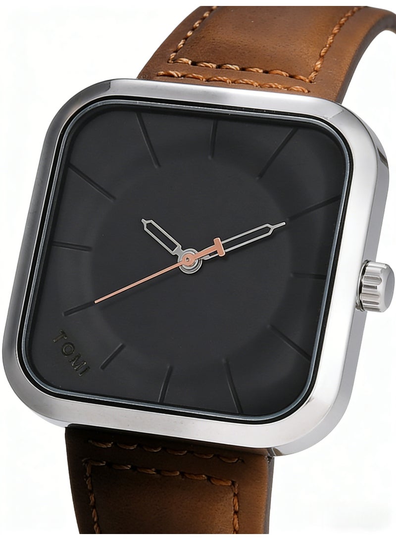 TOMI Men's Minimalist Square Silver Quartz Watch, Black Dial with Rose Gold Accents & Brown Leather Strap - Image 4