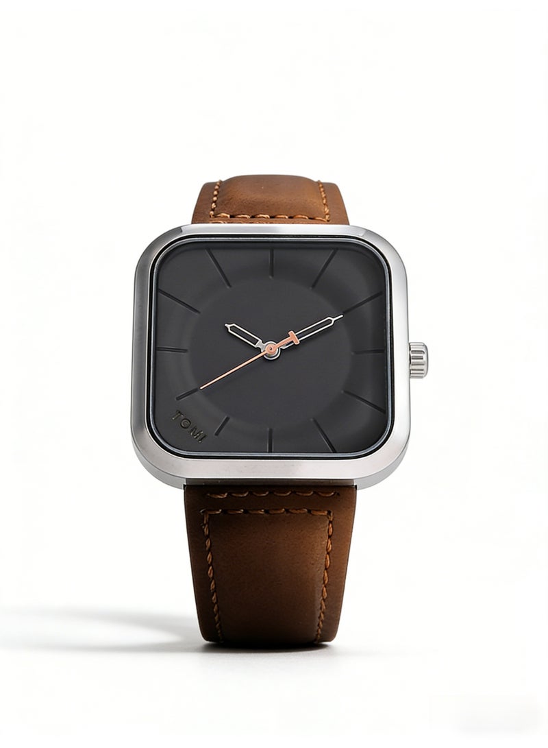 TOMI Men's Minimalist Square Silver Quartz Watch, Black Dial with Rose Gold Accents & Brown Leather Strap - Image 2