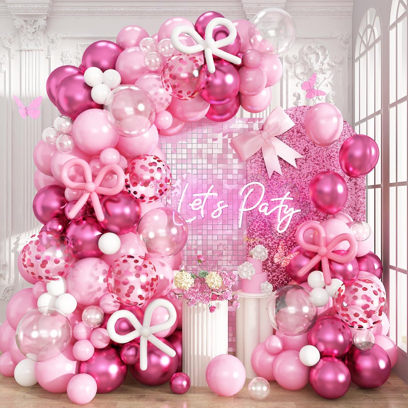 Froova Pink Balloon Garland Arch Kit, 103 PCS Metallic Hot Light Baby Pink and Clear Balloon Bow Balloons for Girls Birthday Princess Baby Shower Wedding Party Decorations - Image 1