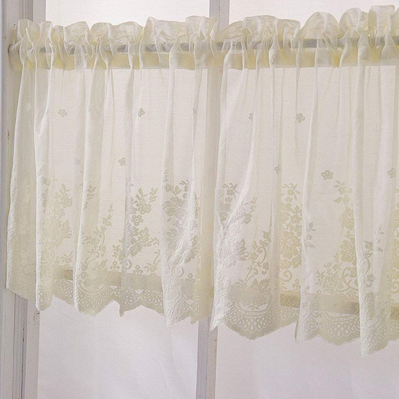 XSlive Boho Lace Small Window Curtain Valance Embroidered Solid Color Farmhouse Light Filtering Small Window Tier for Kitchen Living Room,1 Piece (Beige,51" W x 16" L) - Image 1