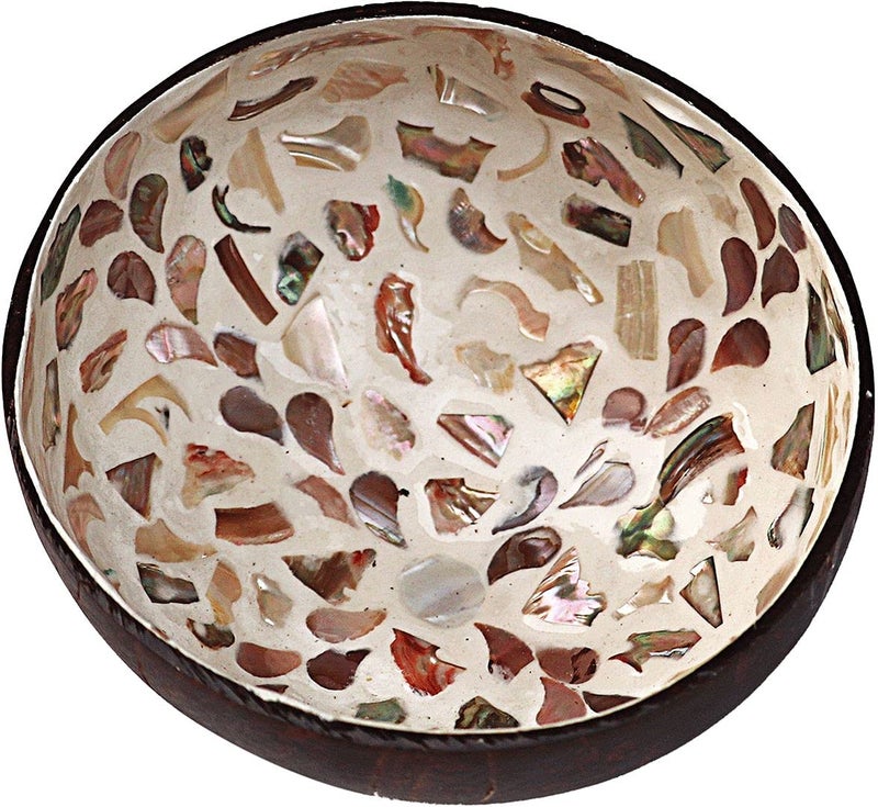 ChezMax Natural Coconut Bowl With Mother of Pearl Inlaid Shell - Key Container for Entryway Table, Candy, Nuts, Fruits & Dry Snacks - Round Handcrafted Decoration (White) - Image 1