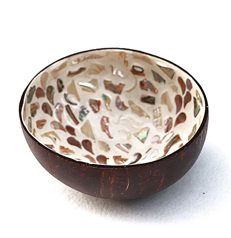 ChezMax Natural Coconut Bowl With Mother of Pearl Inlaid Shell - Key Container for Entryway Table, Candy, Nuts, Fruits & Dry Snacks - Round Handcrafted Decoration (White) - Image 2