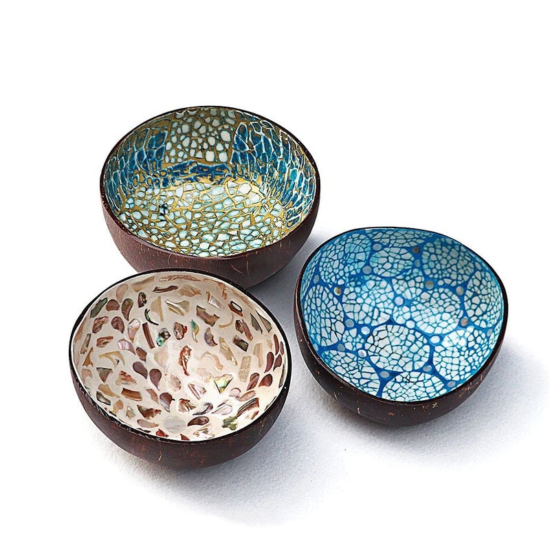 ChezMax Natural Coconut Bowl With Mother of Pearl Inlaid Shell - Key Container for Entryway Table, Candy, Nuts, Fruits & Dry Snacks - Round Handcrafted Decoration (White) - Image 3