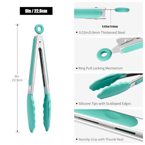 Doosu Kitchen Tongs for Cooking 600F Heat Resistant Food Tong with NonScratch Silicone Tips Heavy Duty Stainless Steel Locking Tong for BBQ Grilling Steak Serving Salad Pasta 9in Aqua Sky - Image 3