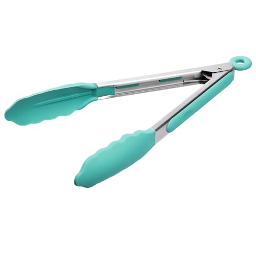 Doosu Kitchen Tongs for Cooking 600F Heat Resistant Food Tong with NonScratch Silicone Tips Heavy Duty Stainless Steel Locking Tong for BBQ Grilling Steak Serving Salad Pasta 9in Aqua Sky - Image 1