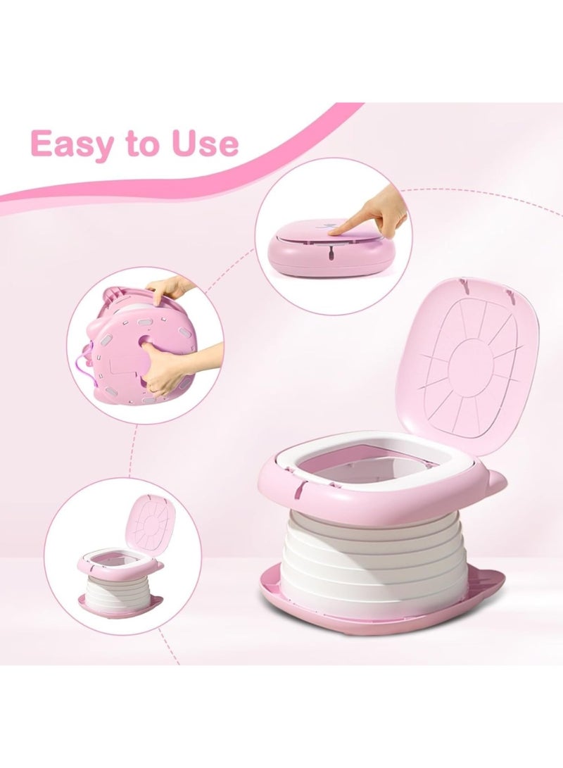 ليموس مرحاض محمول قابل للطي للأطفال الصغار أثناء السفر - مرحاض قابل للطي للأطفال مع 15 حقيبة للاستخدام مرة واحدة، كرسي مرحاض طوارئ للسيارة، مقعد تدريب خفيف الوزن للتخييم والرحلات البرية والمغامرات الخارجية (وردي) - Image 5