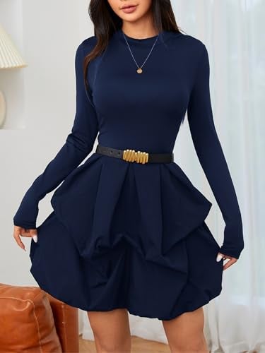 MakeMeChic Women's Long Sleeve Mini Dress Ruffle Mock Turtle Neck A Line Wedding Party Short Dresses Blue Large - Image 3