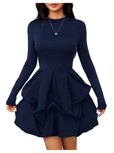 MakeMeChic Women's Long Sleeve Mini Dress Ruffle Mock Turtle Neck A Line Wedding Party Short Dresses Blue Large - Image 1