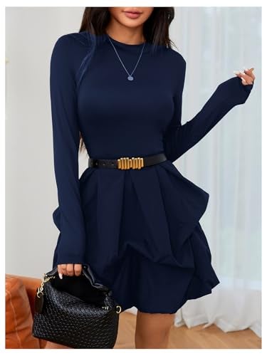 MakeMeChic Women's Long Sleeve Mini Dress Ruffle Mock Turtle Neck A Line Wedding Party Short Dresses Blue Large - Image 4
