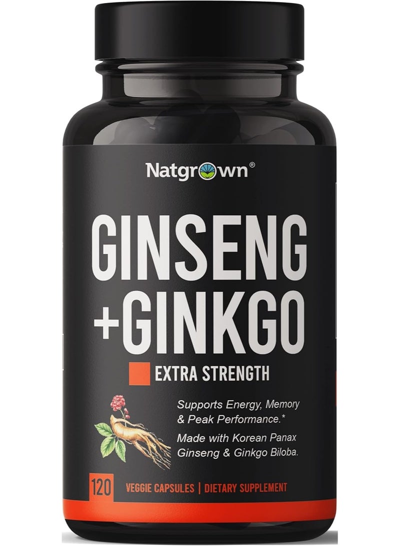 Natgrown Panax Ginseng & Ginkgo Biloba Supplement - Red Korean Ginseng & Ginko Biloba Capsules for Men & Women - Supports Memory Focus & Brain Function - Vegan Pills - 120 Count