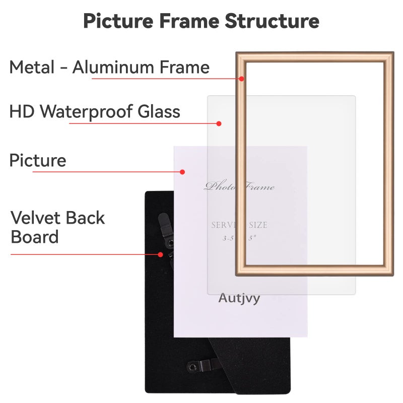 Autjvy 5x7 Picture Frame Gold - Brushed Brass Modern Simple Thin Aluminum Metal Photo Frame with HD Real Glass  Display for Tabletop and Wall Collage. (2 Pack) - Image 3