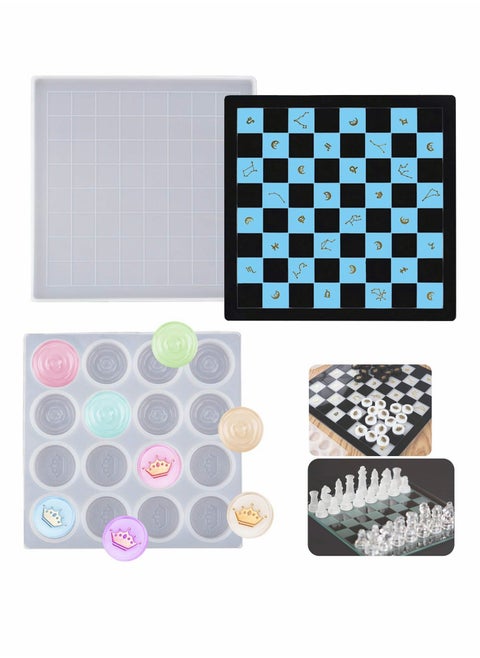 Chess Board Silicone Molds and Checkers Pieces Crystal Epoxy Resin Casting Mould for DIY Resin Crafts Making,Classic Checkers Board Game for Kids Adults