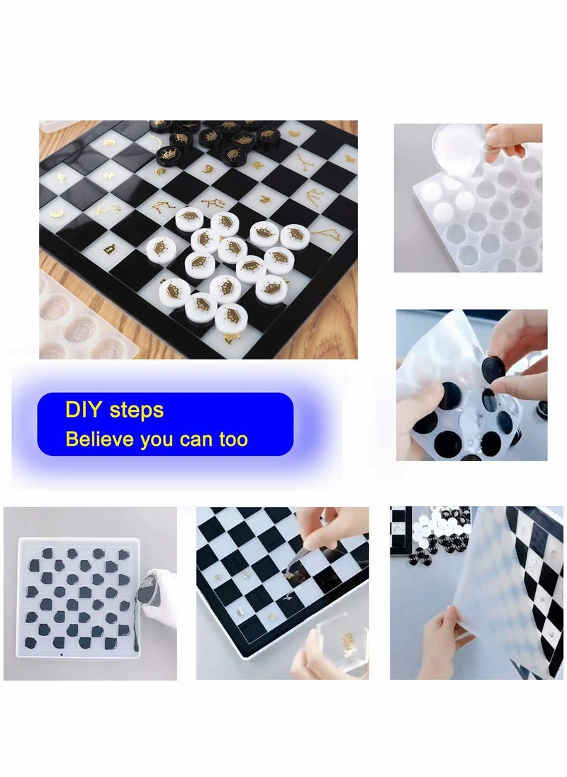 Chess Board Silicone Molds and Checkers Pieces Crystal Epoxy Resin Casting Mould for DIY Resin Crafts Making,Classic Checkers Board Game for Kids Adults