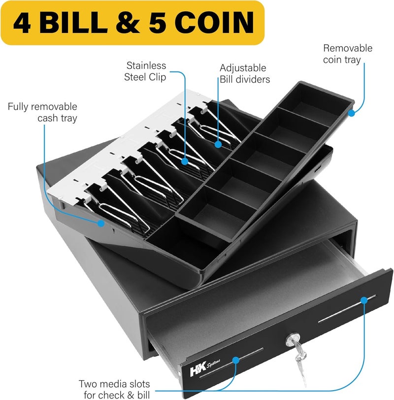 HK SYSTEMS 13inch Heavy Duty Manual Push-Open Cash Drawer with 4Bill/5Coin, Removable Till, Two Medial Slots, Black - Image 4
