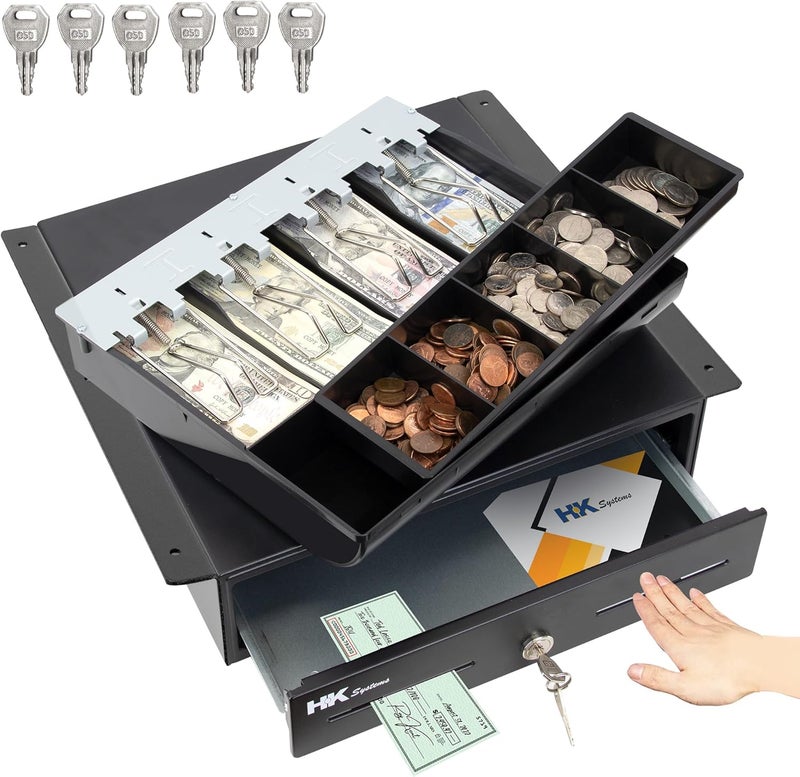 HK SYSTEMS 13inch Heavy Duty Manual Push-Open Cash Drawer with 4Bill/5Coin, Removable Till, Two Medial Slots, Black - Image 2