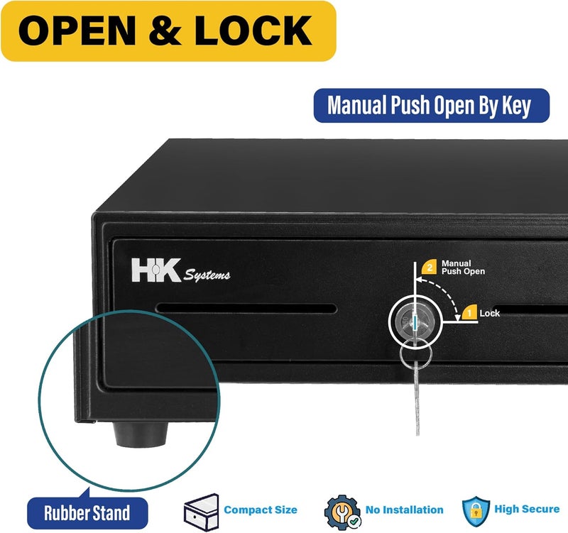HK SYSTEMS 13inch Heavy Duty Manual Push-Open Cash Drawer with 4Bill/5Coin, Removable Till, Two Medial Slots, Black - Image 5