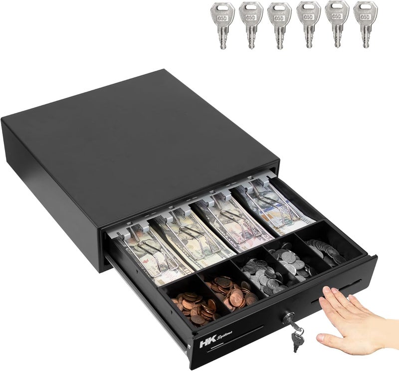 HK SYSTEMS 13inch Heavy Duty Manual Push-Open Cash Drawer with 4Bill/5Coin, Removable Till, Two Medial Slots, Black - Image 1