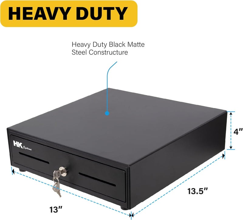 HK SYSTEMS 13inch Heavy Duty Manual Push-Open Cash Drawer with 4Bill/5Coin, Removable Till, Two Medial Slots, Black - Image 3