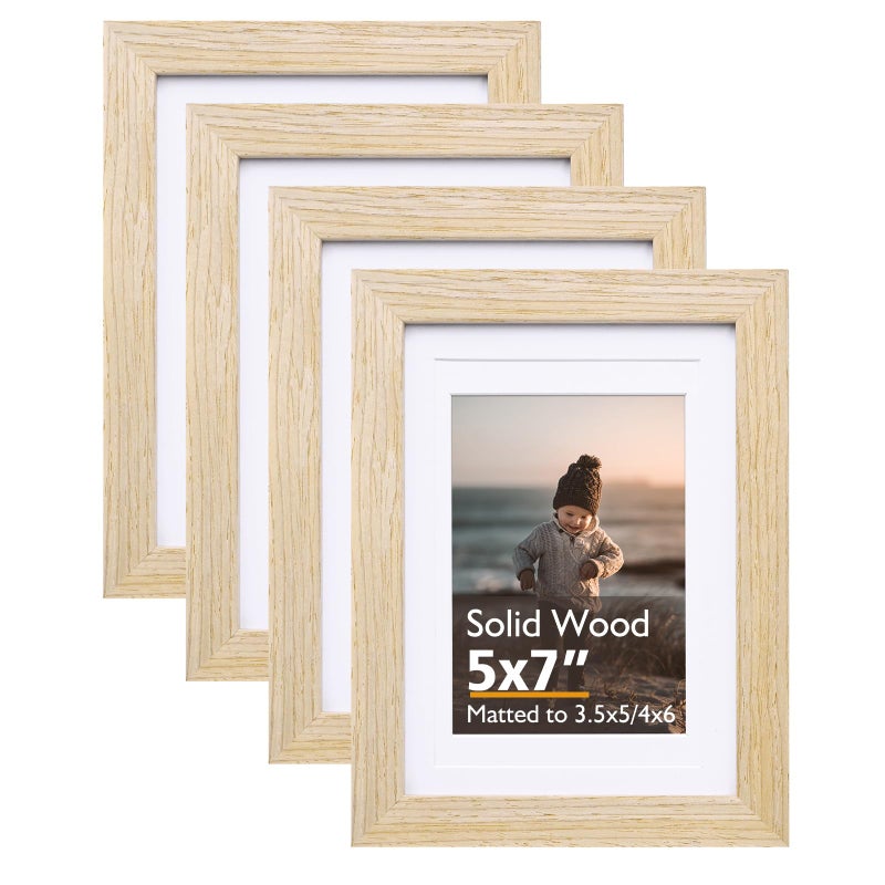 KINLINK 5x7 Picture Frame Natural, Solid Wood Frames with Acrylic Plexiglass for Pictures 3.5x5/4x6 with Mat or 5x7 without Mat, Tabletop and Wall Display Photo Frame, Set of 4 - Image 1