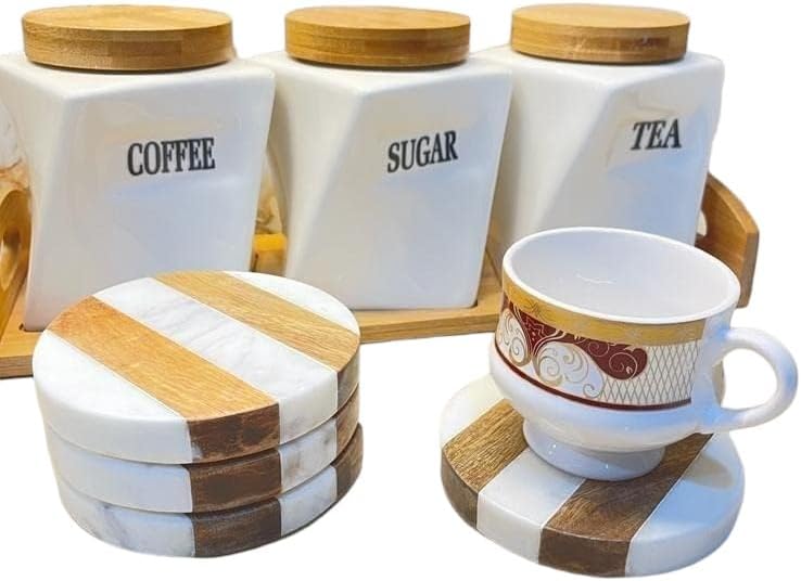 Frescorr (TM) - Luxurious Atelier Marble and Wood Set of 4 Coasters, 4 x 4 inches for Drinks, Hot/Cold,Coffee Mugs, Beer Cans,Bar Glasses. Tea Table/Bar Coasters (Round) - Image 1