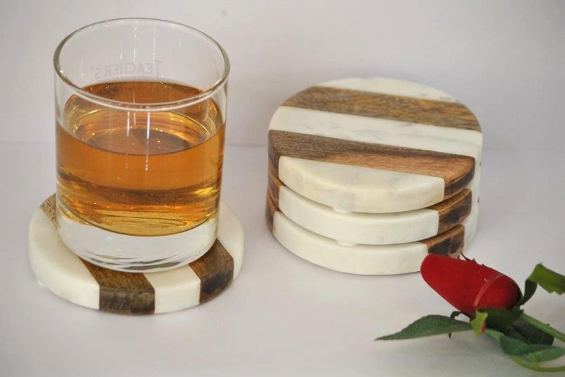 Frescorr (TM) - Luxurious Atelier Marble and Wood Set of 4 Coasters, 4 x 4 inches for Drinks, Hot/Cold,Coffee Mugs, Beer Cans,Bar Glasses. Tea Table/Bar Coasters (Round) - Image 5